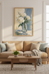 White Peony Floral Wall Art | Blue Impressionist Oil Painting, Living Room Decor