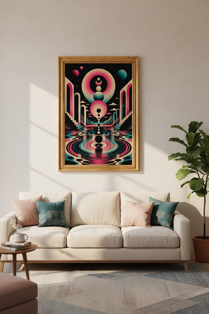 retro cosmic poster | futuristic pink teal, living room art