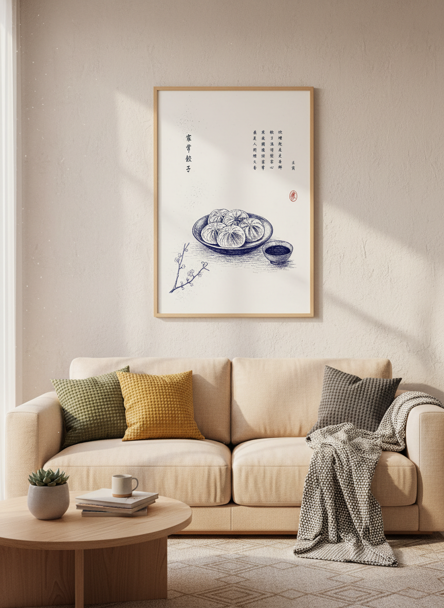 Chinese Dumpling Art | Minimalist Blue Ink Illustration, Kitchen &amp; Dining Wall Decor