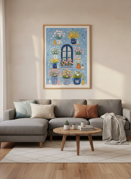 Floral Window Wall Art Print | Blue Mediterranean Decor | Impressionist Poster