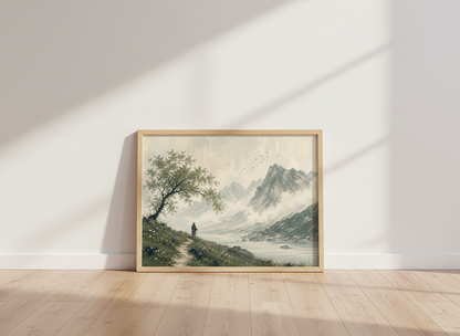 Zen Landscape Wall Art Print | Minimalist Living Room Decor | Japanese Aesthetic Poster | Asian Mountain Lake Painting