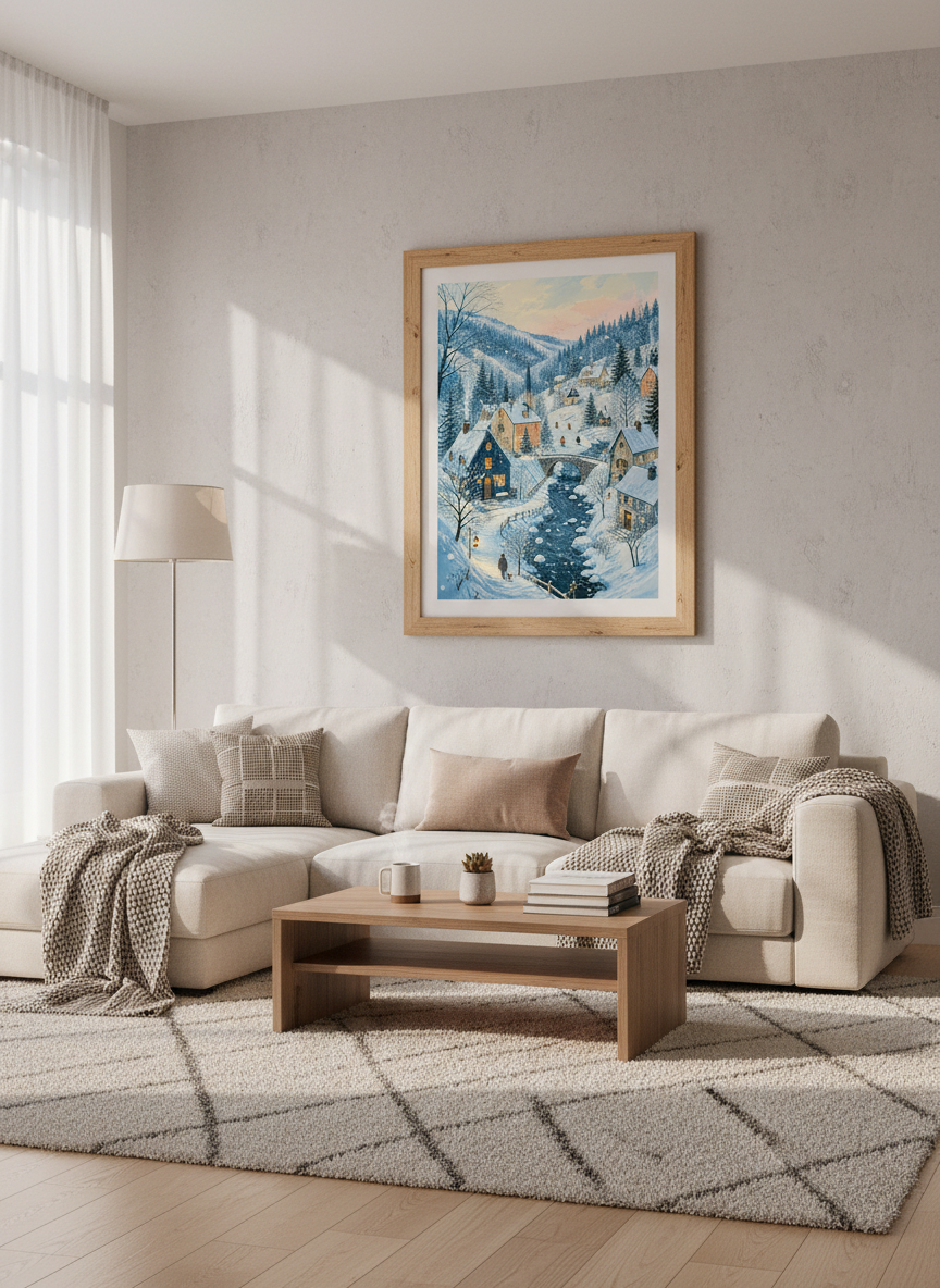 Winter Village Scene Wall Art | Snowy Mountain Folk Art, Cozy Holiday Decor