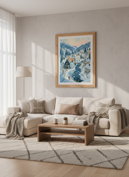 Winter Village Scene Wall Art | Snowy Mountain Folk Art, Cozy Holiday Decor