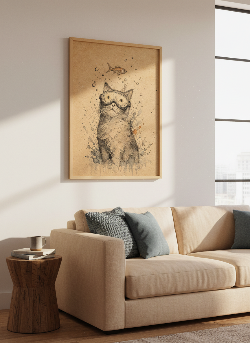 Scuba Diving Cat Wall Art | Whimsical Ink Sketch Decor | Funny Animal Poster