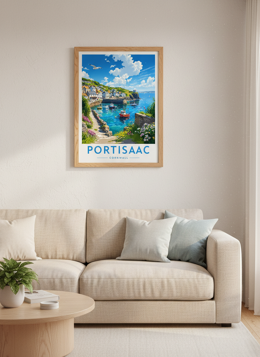 Port Isaac Cornwall Travel Poster | Coastal Village Landscape, Nautical Home Decor Art