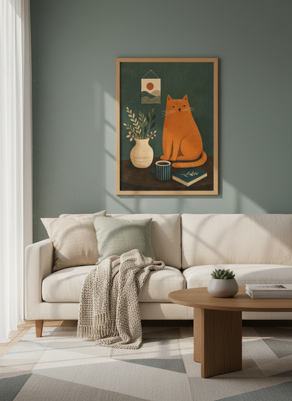 Ginger Cat &amp; Coffee Wall Art | Whimsical Folk Style, Kitchen &amp; Home Decor