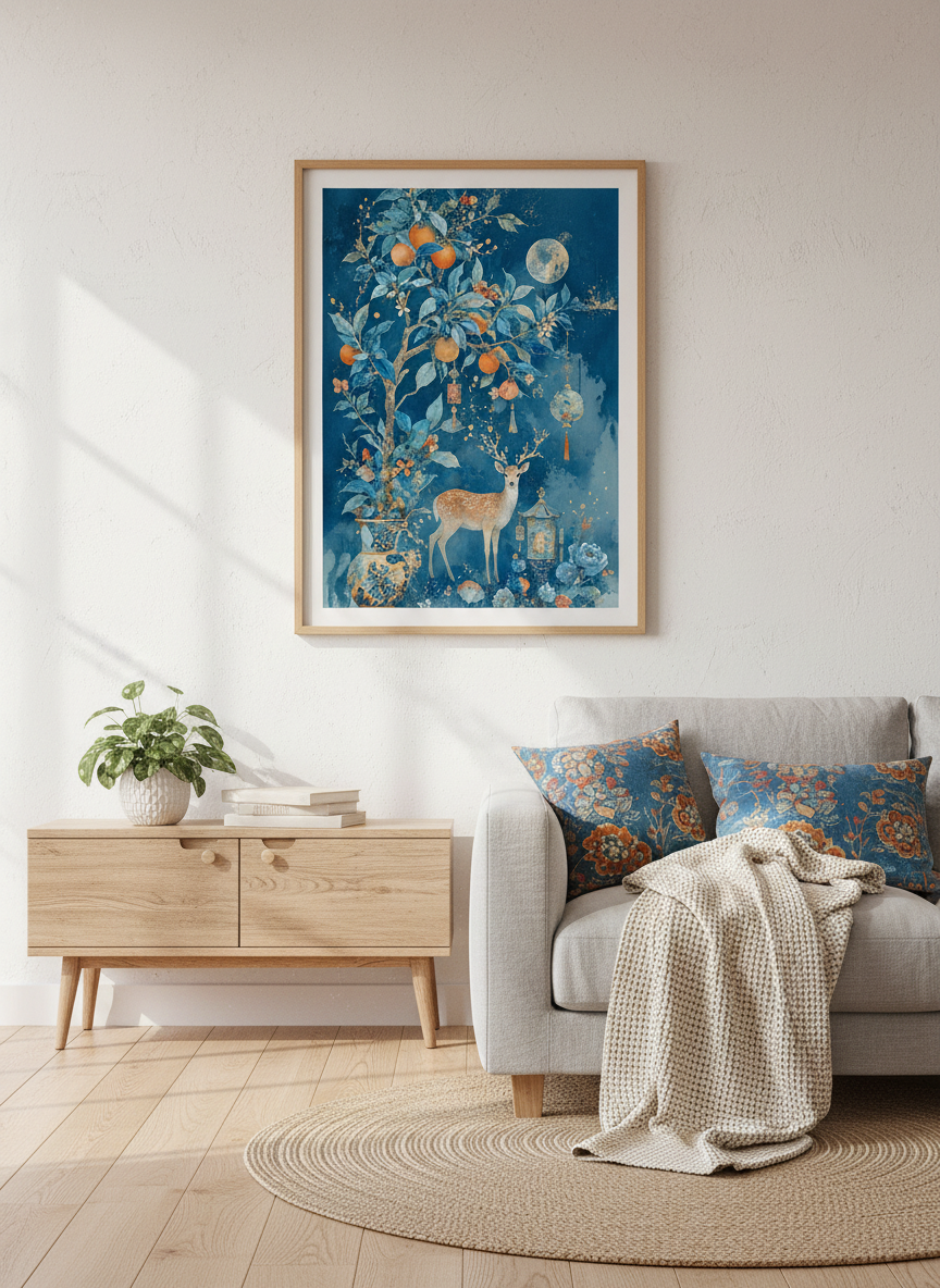 Mystical Deer &amp; Moon Wall Art | Chinoiserie Blue &amp; Orange Poster | Living Room Decor