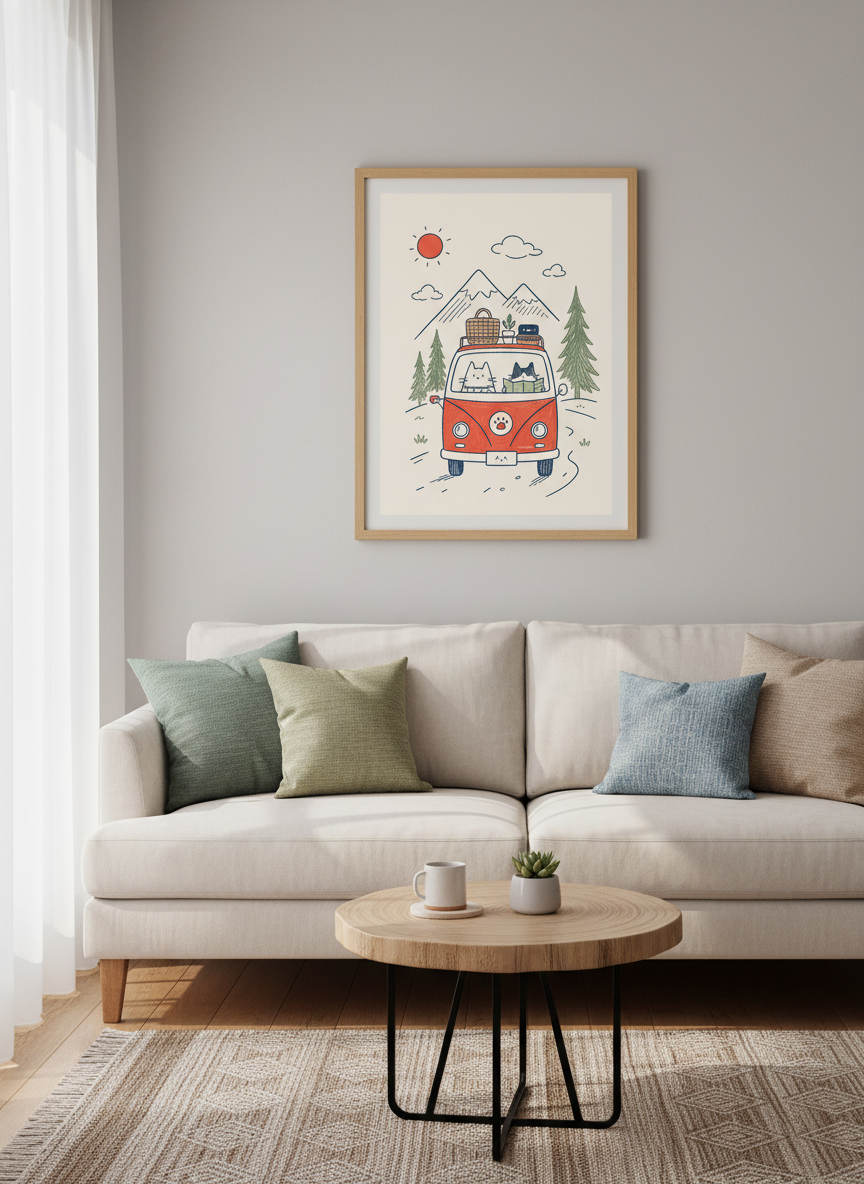 Cats Road Trip Wall Art | Cute Orange Camper Van Poster | Mountain Nursery Decor