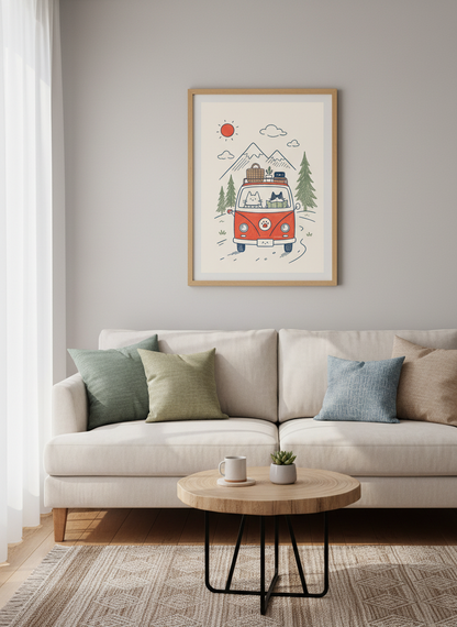 Cats Road Trip Wall Art | Cute Orange Camper Van Poster | Mountain Nursery Decor