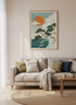 Japanese Landscape Wall Art | Teal & Orange Nature Print, Living Room Decor