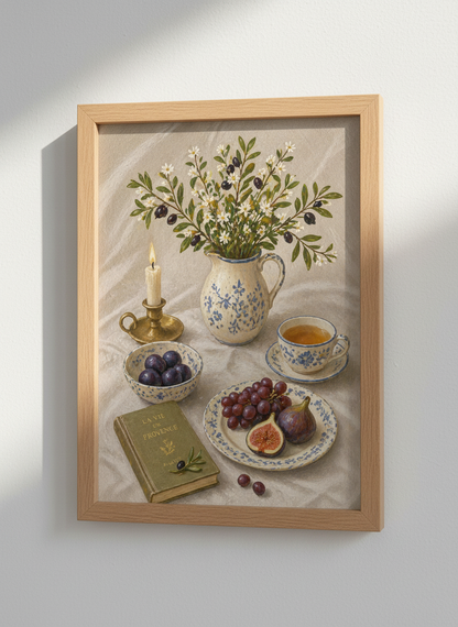 French Countryside Still Life Art Print | Provence Farmhouse Decor | Rustic Botanical Candle Tea Poster