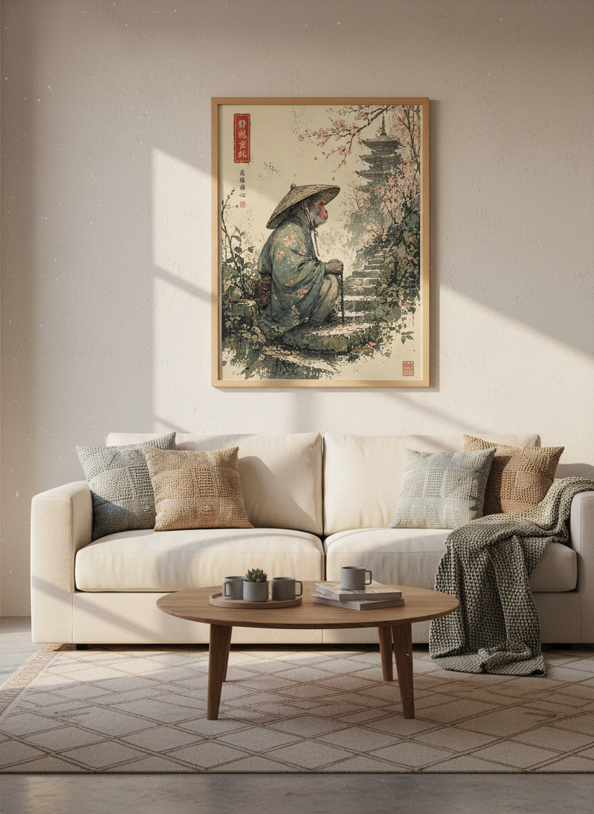 Japanese Monkey Monk Wall Art | Zen Pagoda &amp; Cherry Blossom, Japandi Decor