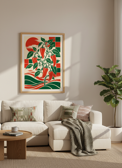 Chili Pepper Botanical Wall Art | Red &amp; Green Kitchen Decor | Retro Japanese Poster