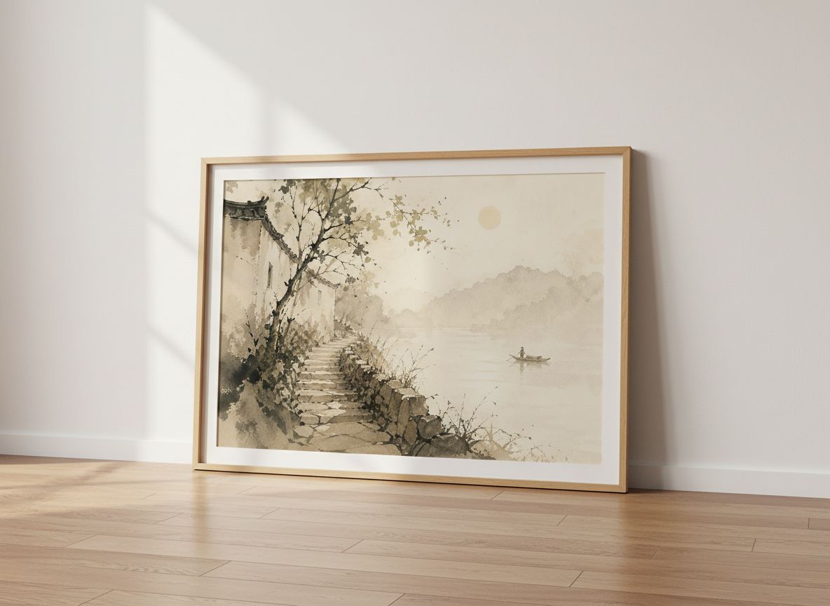 Zen Landscape Wall Art Print | Minimalist Living Room Decor | Japanese Aesthetic Poster | Asian Ink Wash Painting