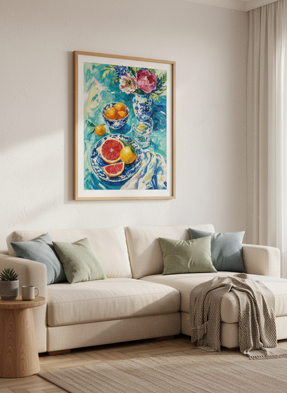 Grapefruit &amp; Peonies Still Life | Vibrant Teal Floral Oil Painting, Kitchen Decor Poster