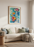 Grapefruit & Peonies Still Life | Vibrant Teal Floral Oil Painting, Kitchen Decor Poster