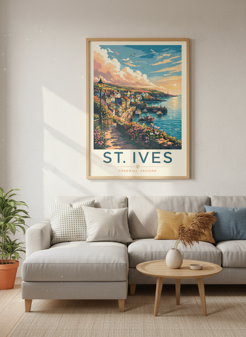St. Ives Cornwall Travel Poster | Vintage Coastal Harbour Art, Living Room Decor