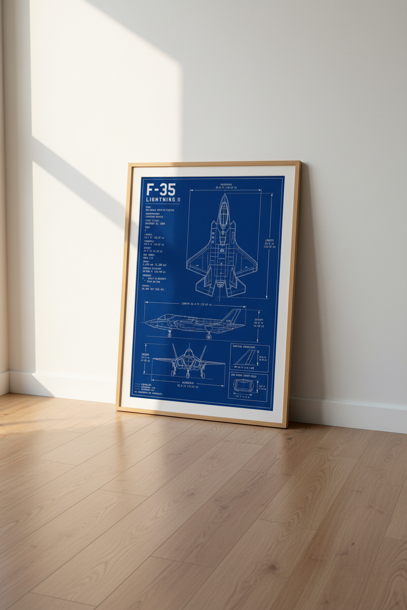 F-35 Lightning II Blueprint Art Print | Military Aircraft Plan Poster | Aviation Man Cave Decor | Engineering Gift Idea