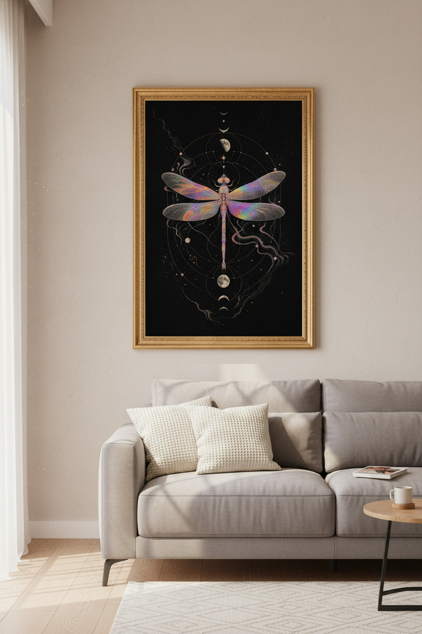 cosmic dragonfly art | iridescent celestial print, bedroom decor