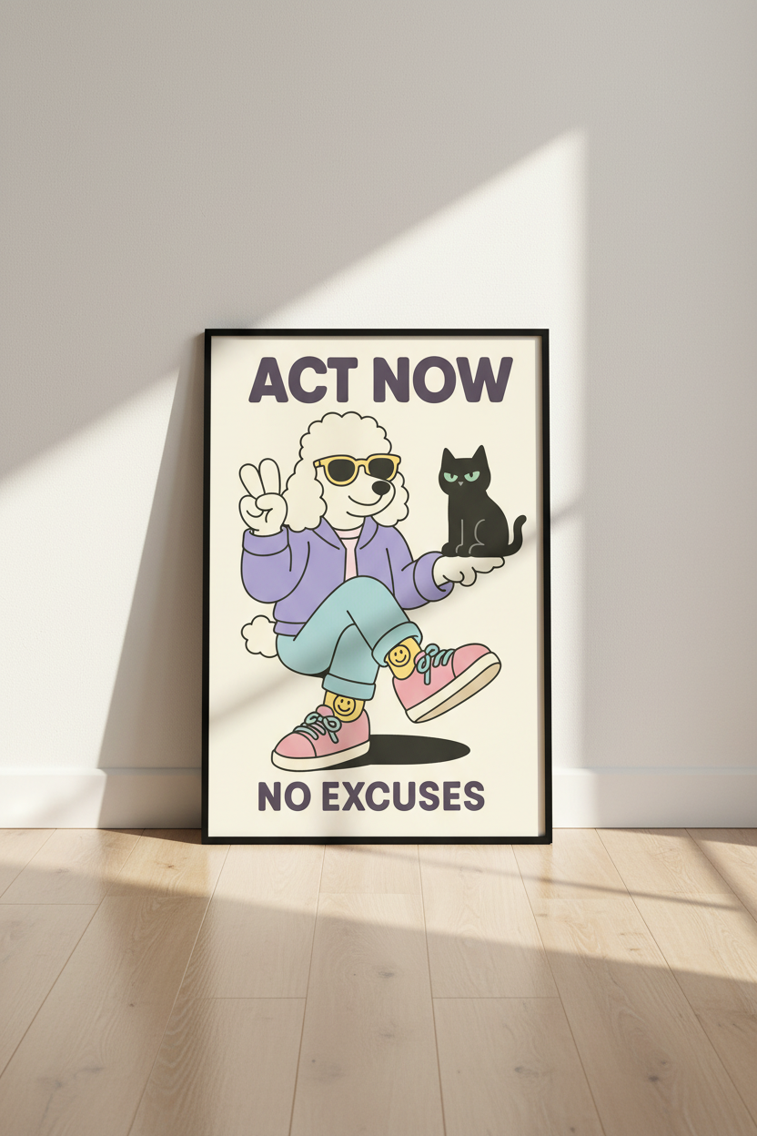 Retro Poodle Motivation Wall Art Print | Office Decor | Positive Quote Poster | Peace Sign Dog &amp; Cat Mid-Century Aesthetic