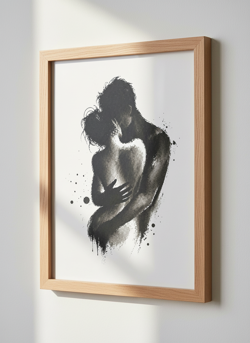 Minimalist Couple Wall Art Print | Bedroom Decor | Romantic Digital Poster | Abstract Love Kiss Ink Painting Black and White