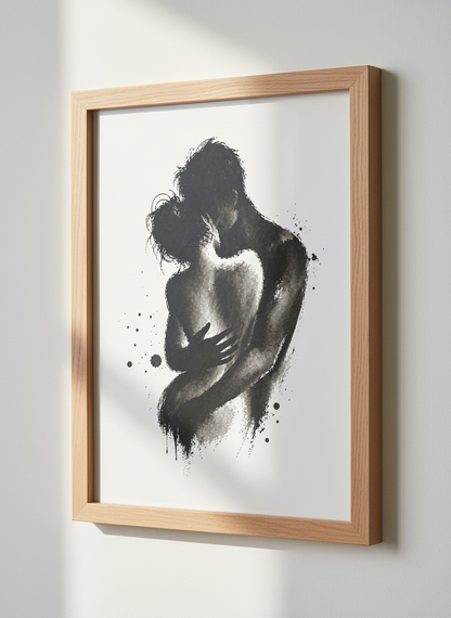 Minimalist Couple Wall Art Print | Bedroom Decor | Romantic Digital Poster | Abstract Love Kiss Ink Painting Black and White