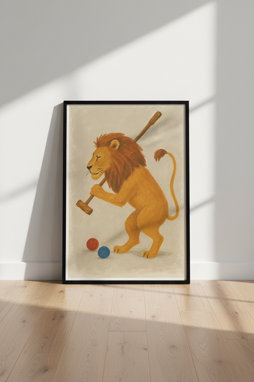 Safari Animal Croquet Lion Art Print | Kids Room Decor | Whimsical Nursery Poster | Playful Safari Wall Art | Animal Croquet