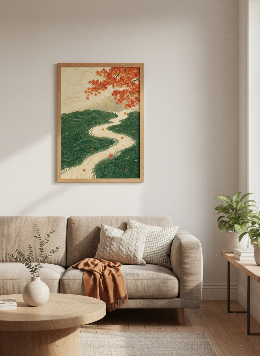 Japanese Maple Leaf Art | Green &amp; Orange Nature Print, Zen Living Room Decor