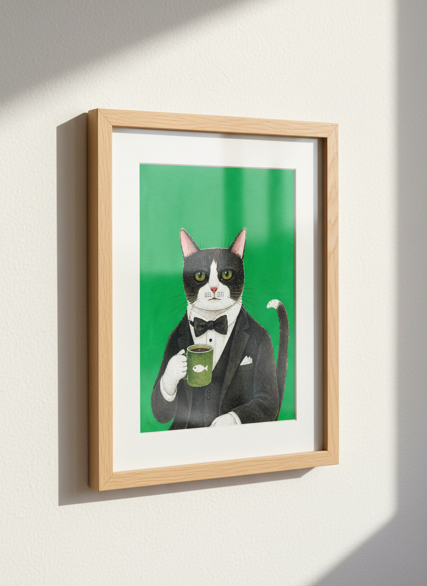 Chic Tuxedo Cat Art Print | Dapper Animal Decor | Mid-Century Modern Poster | Quirky Pet Lover Gift | Green Wall Art
