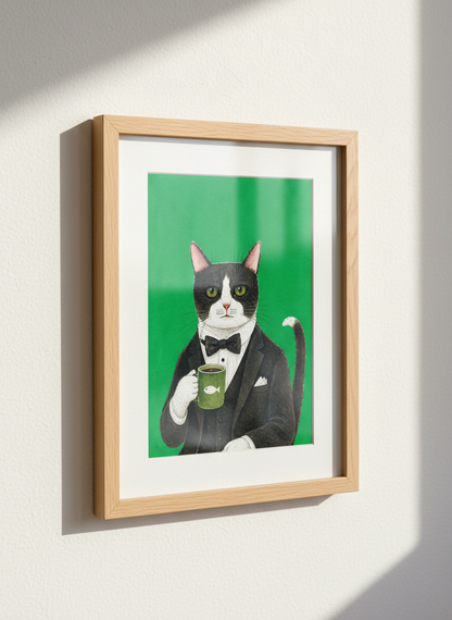 Chic Tuxedo Cat Art Print | Dapper Animal Decor | Mid-Century Modern Poster | Quirky Pet Lover Gift | Green Wall Art
