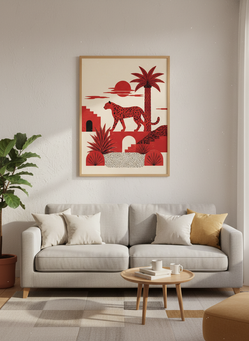 Red Leopard Wall Art Print | Boho Chic Jungle Poster | Desert Aesthetic Decor