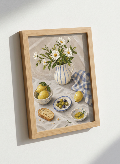 Rustic Still Life Wall Art Print | Kitchen Decor | French Countryside Poster | Botanical Lemon Olives Bread Daisy Painting