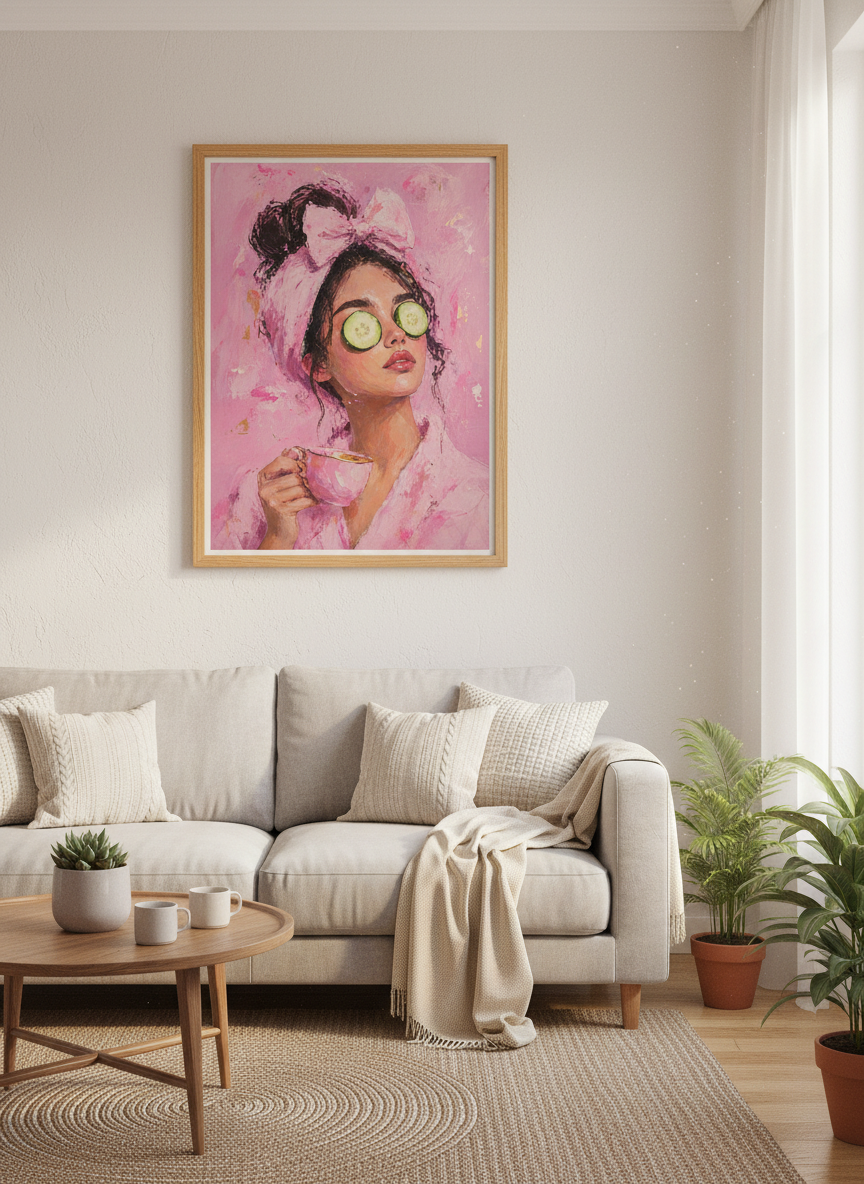 Pink Spa Girl Painting | Whimsical Coquette Portrait, Bathroom &amp; Vanity Decor