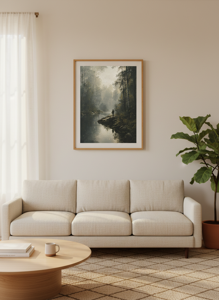 Misty Forest River Wall Art | Moody Landscape Print, Nature Living Room Decor
