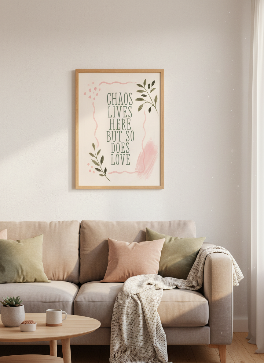Chaos Lives Here But So Does Love Wall Art | Family Room Decor | Boho Aesthetic Poster