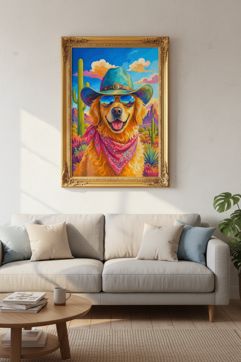 cowboy dog wall art | Vibrant Western Palette, Living Room