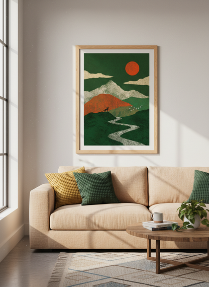 Wolf Howling Art, Textured Landscape Print | Bohemian Forest Decor, Green Mountain Poster