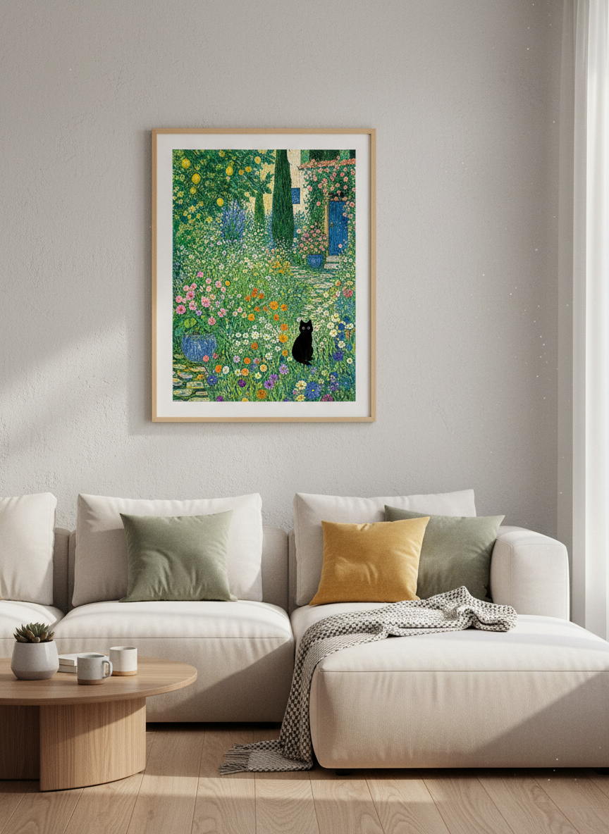 Black Cat in Flower Garden Wall Art | Impressionist Floral Print | Cottagecore Poster