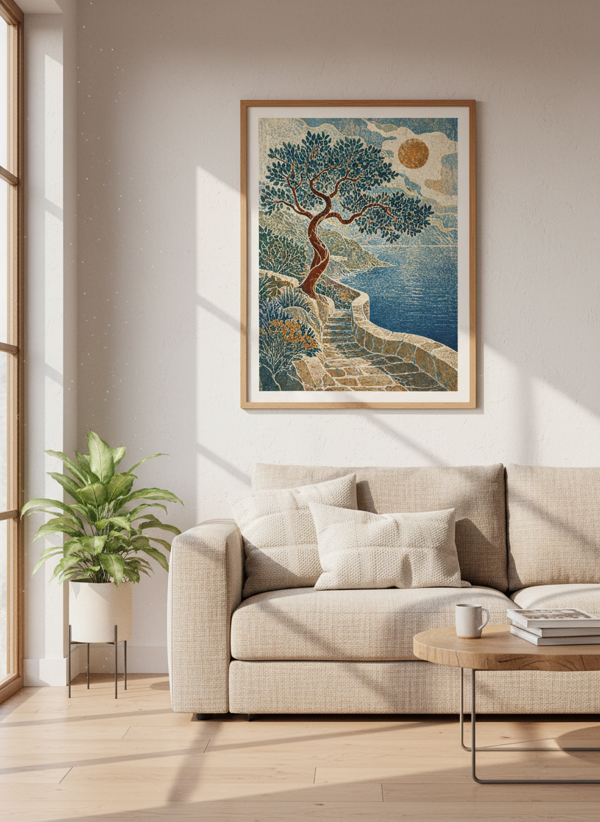 Mediterranean Tree Wall Art Print | Coastal Path Decor | Woodcut Aesthetic Poster