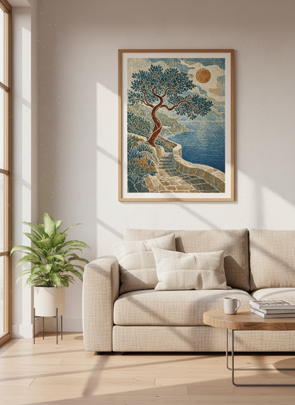 Mediterranean Tree Wall Art Print | Coastal Path Decor | Woodcut Aesthetic Poster