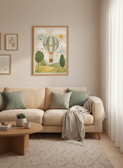 Bunny Hot Air Balloon Nursery Wall Art | Sage Green &amp; Blue Decor | Whimsical Poster