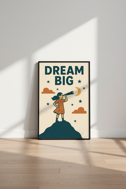 Retro Inspirational Wall Art | "Dream Big" Girl with Telescope | Kids Room Decor | Motivational Poster Print | Neutral Aesthetic