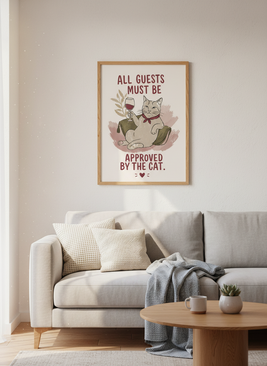 Funny Cat Wine Wall Art | Muted Boho Guest Room Poster, Cat Lover Gift