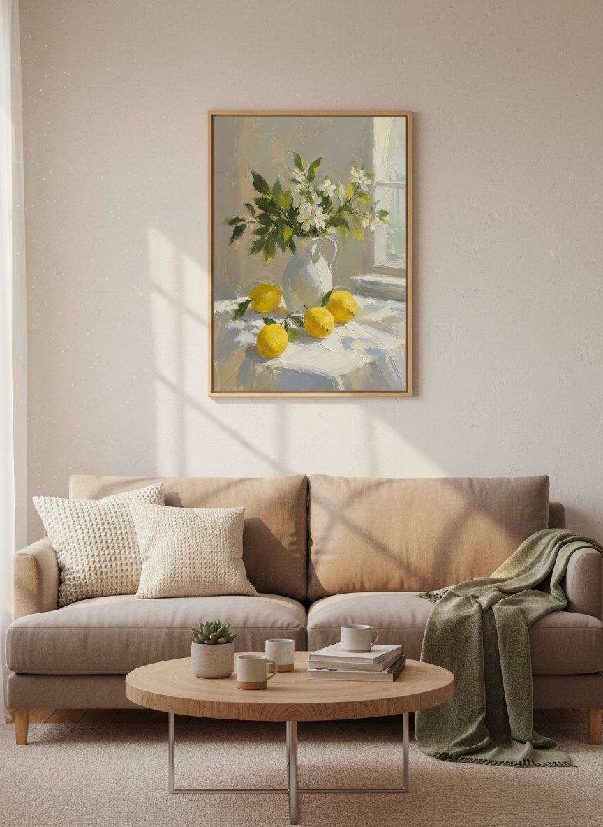 Lemon Still Life Wall Art Print | Kitchen Decor | Impasto Mediterranean Poster