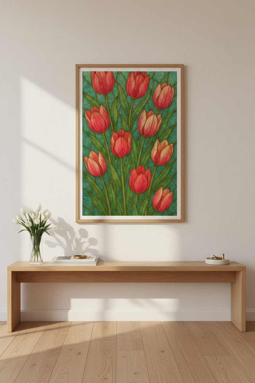 Art Nouveau Tulip Wall Art Print | Botanical Living Room Decor | Vintage Floral Framed Poster | Ready to Hang Canvas Art