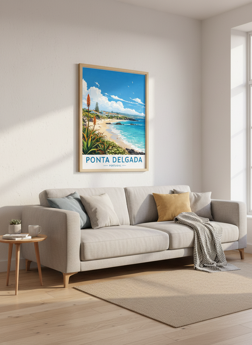 Ponta Delgada Portugal Print | Coastal Beach Travel Art, Azores Home Decor Poster