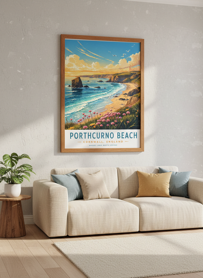 Cornwall Beach Wall Art | Porthcurno England Poster | Coastal Home Decor