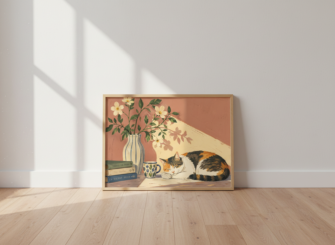 Cozy Cat Wall Art Print | Bedroom Decor | Cottagecore Aesthetic Poster | Sleeping Calico Feline Home Decor | Muted Tones
