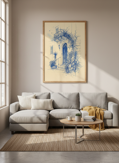 Mediterranean Doorway Sketch | Blue Ink Architecture Art, Living Room Poster