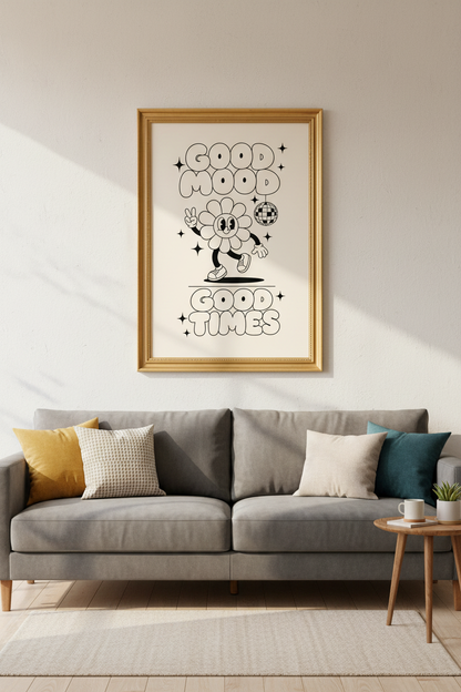 Retro Flower Poster | Line Art Cream, Living Room Decor